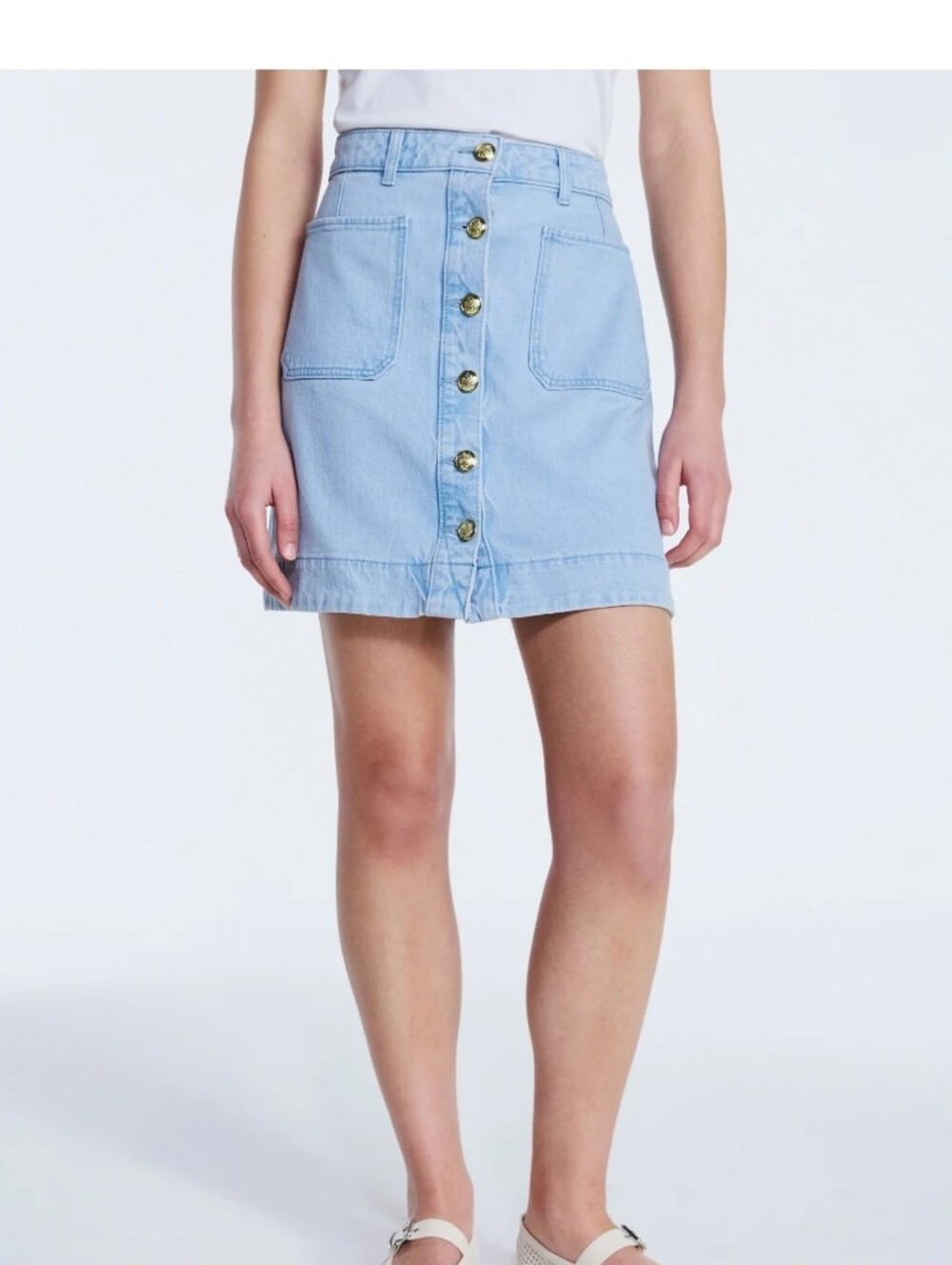 Light Blue Button-Front Denim Mini Skirt -
